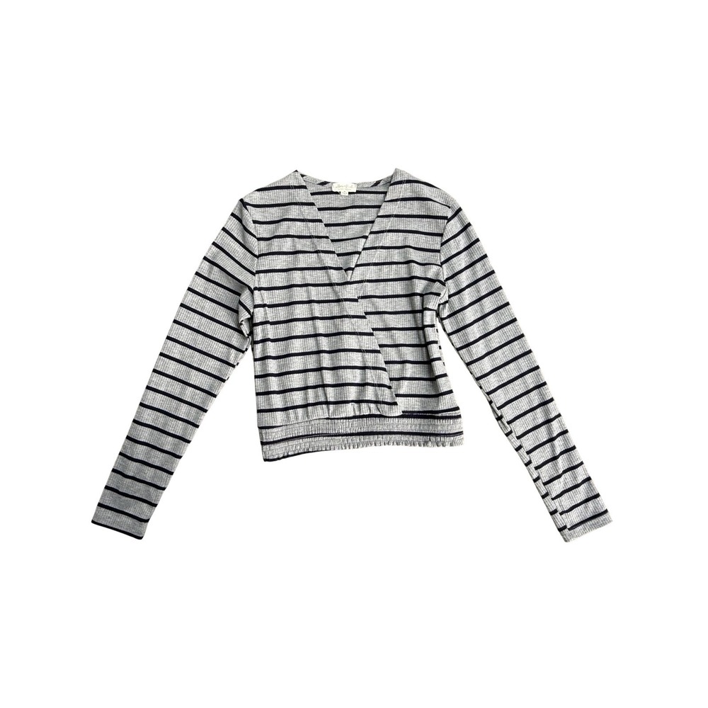 Ultra Flirt Shirt Juniors Medium Gray Striped‎ Wrap V Neck Long Sleeve Cropped